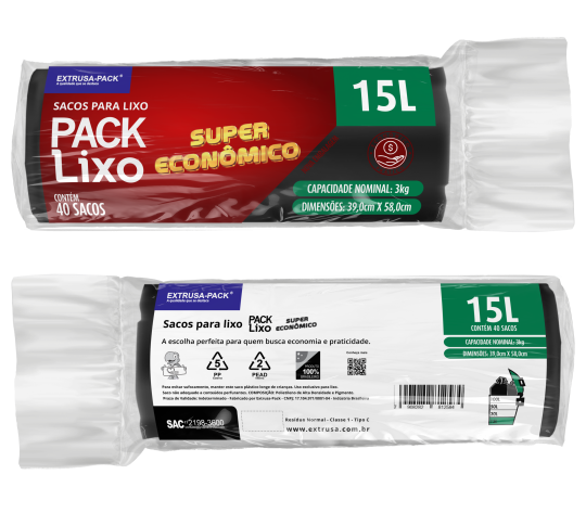 PACK LIXO SUPER ECONOMICO 15 LITROS PRETO FarDo com 20 rolos (40 UN por rolo)