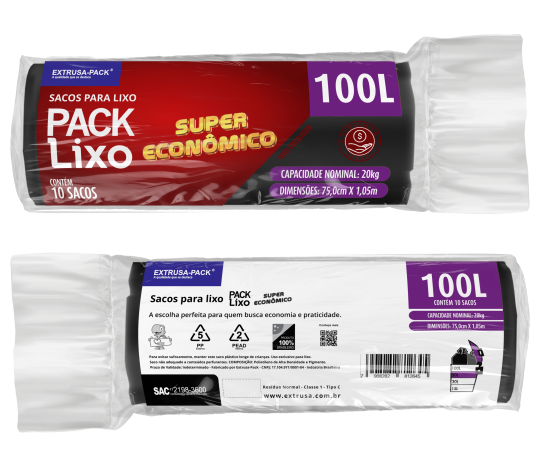 PACK LIXO SUPER ECONOMICO 100 LITROS PRETO FarDo com 20 rolos (10 UN por rolo)