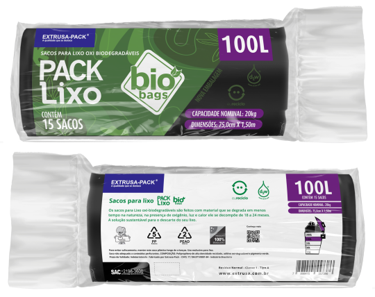 SACO DE LIXO BIOBAGS 100 LITROS PRETO (75X105 CM) - FARDO COM 10 ROLOS (15 UND POR ROLO)