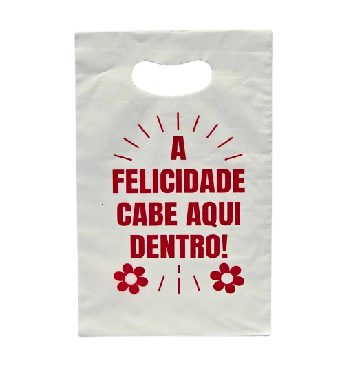SACOLA PIGMENTADA 20 X 30 BRANCA IMP. MODELO FELICIDADE - FARDO COM 10 PACOTES (50 UND POR PACOTE)