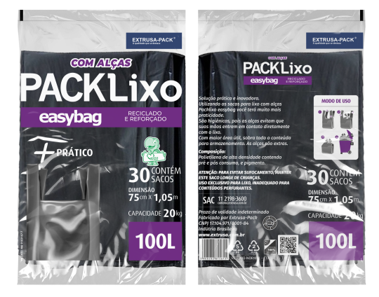 PACK LIXO EASY BAG COM ALçA REforçado reciclado 100 Litros Pacote com 30 UN