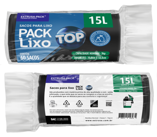 SACO DE LIXO TOP 15 LITROS PRETO (39X58 CM) - FARDO COM 10 ROLOS (60 UND POR ROLO)